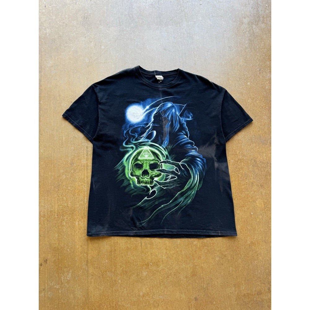 Gildan Sun Faded Black Skull Grim Reaper Skater Y2K Grunge T-Shirt XL